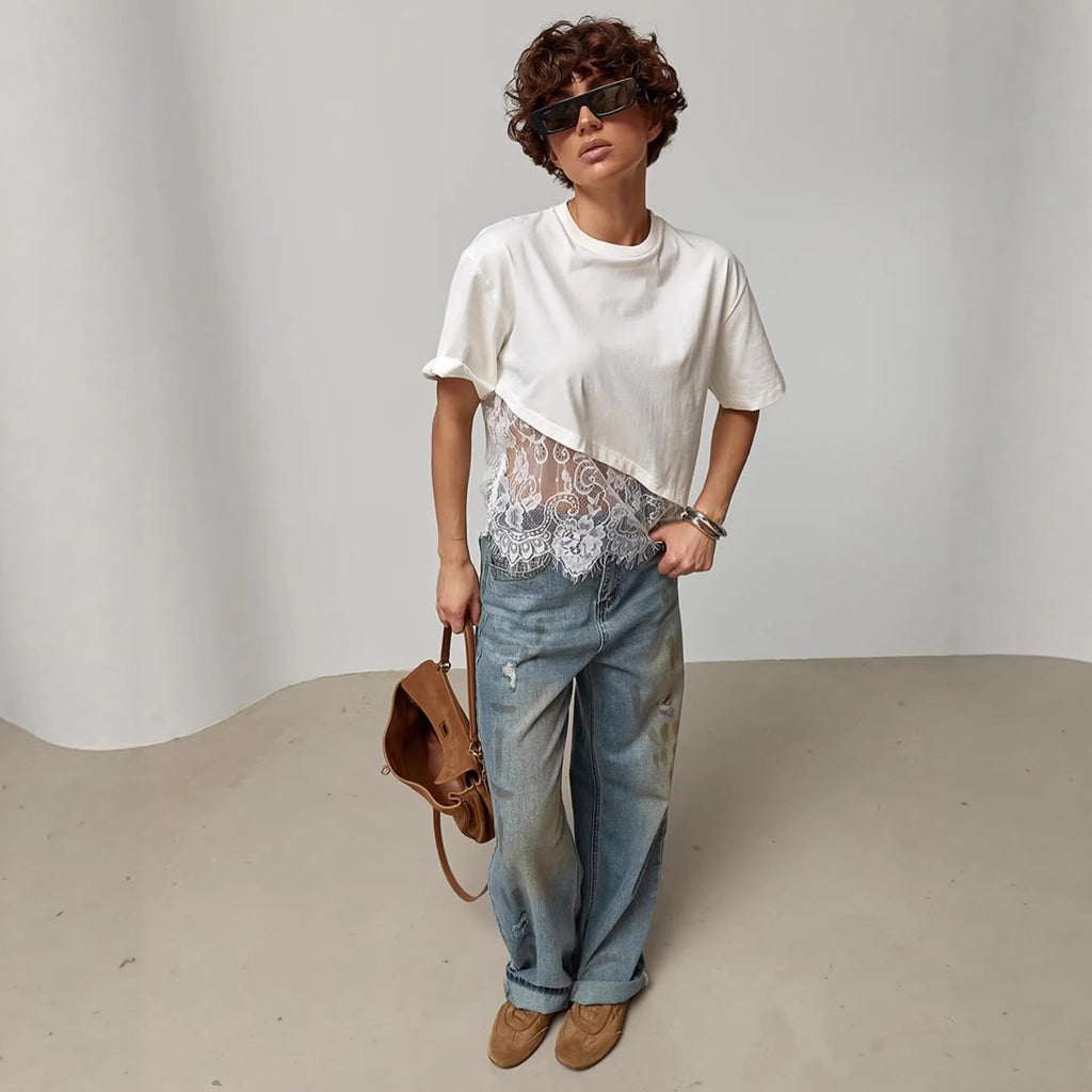 Mesh Lace Patchwork Blouse – Short Sleeve Crew Neck | White & Black