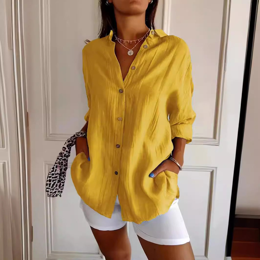 Women’s Lapel Long Sleeve Cardigan Shirt – Single-Breasted Pleated