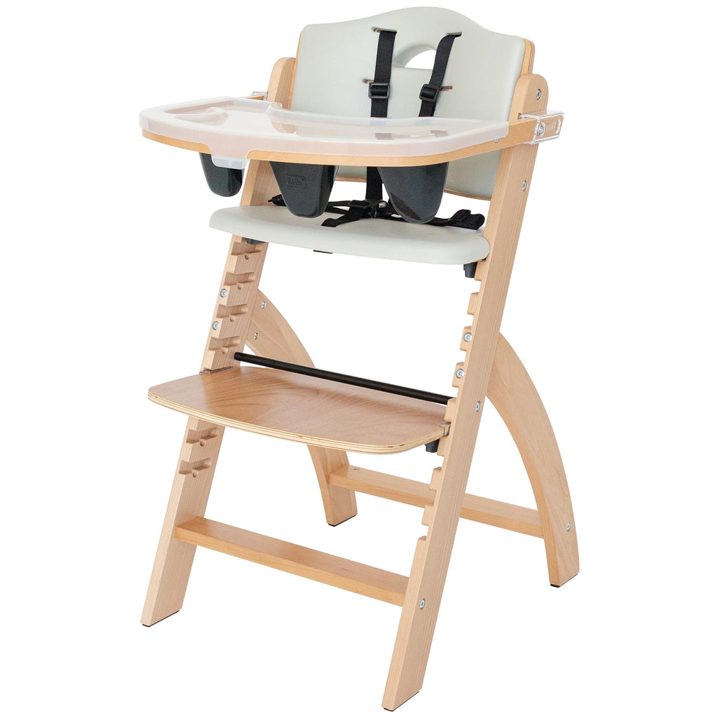 Abiie Beyond Junior Wooden High Chair with Tray - Convertible Baby Highchair - Adjustable High Chair for Babies/Toddlers/6 Months up to 250 Lb - Natural Wood/Dove Grey Cushion