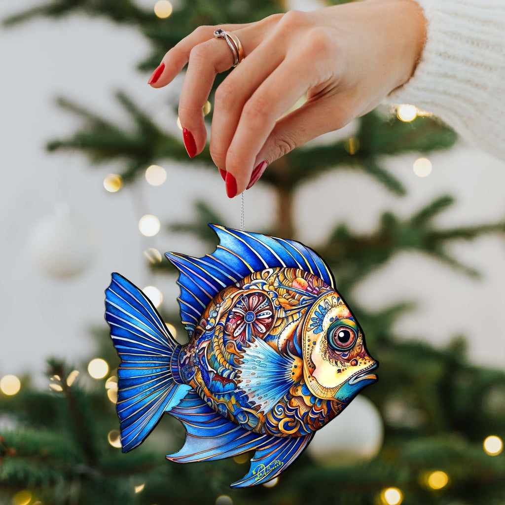 Coastal Christmas Ornaments - Aquamarine Aqua Fish Wooden Ornaments by G. Debrekht Coastal Holiday Decor - 8688306