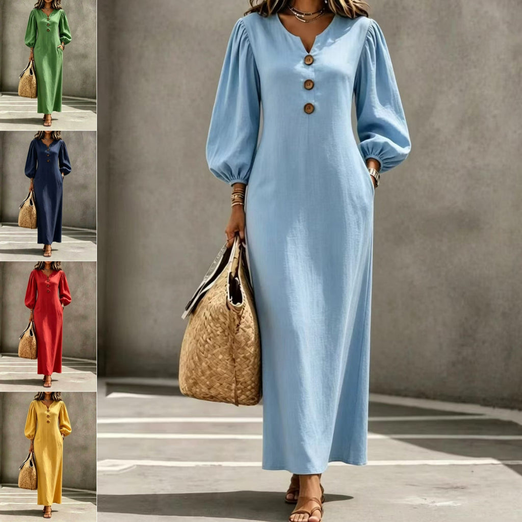 Women’s V-Neck Puff Sleeve A-Line Maxi Dress – Casual Elegant