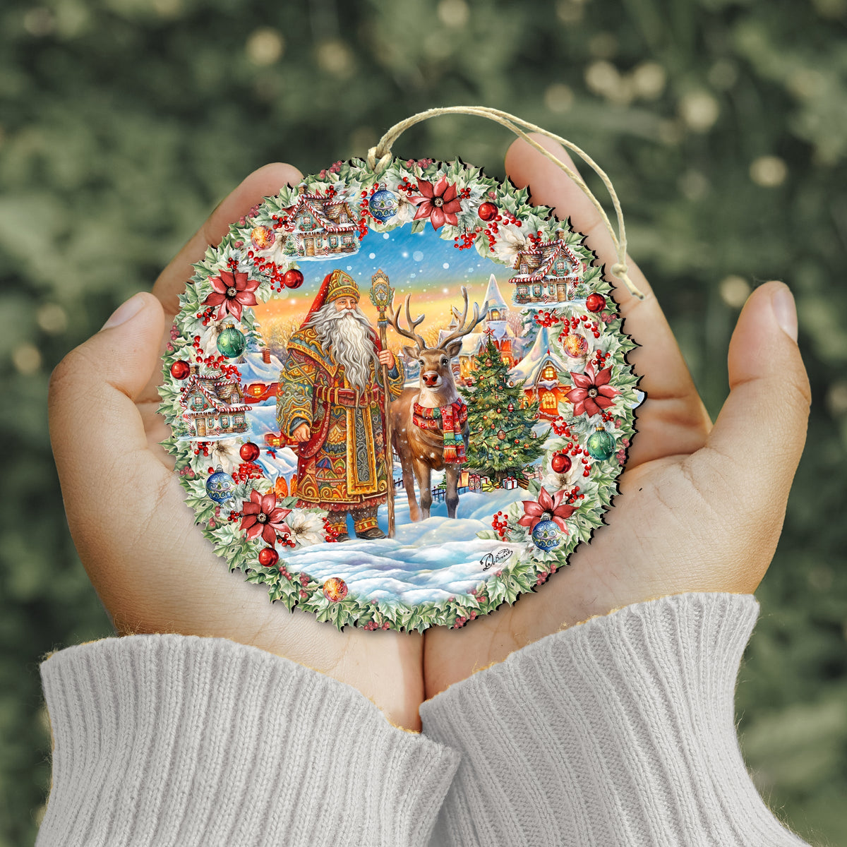 Santa's Magical Cottage Wreath Wooden Ornaments by G. Debrekht Christmas Santa Snowman Decor - 8611066