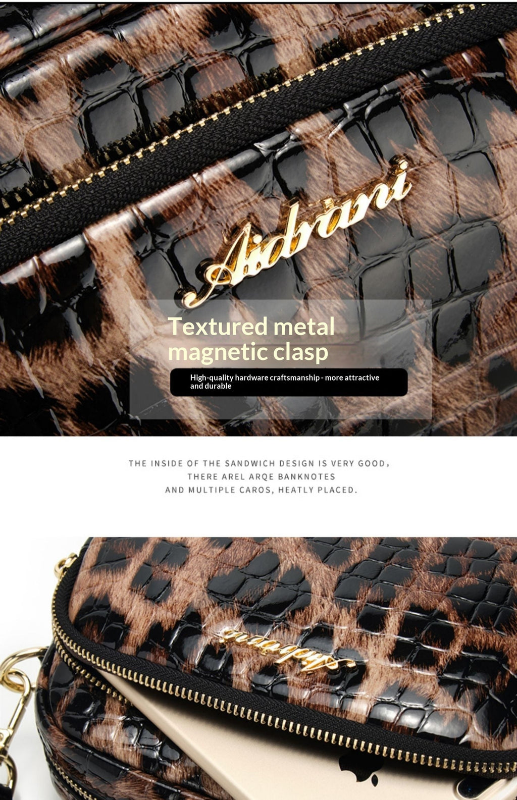 Black & Brown Leopard Print PU Leather Crossbody Bag – Lightweight Phone Bag | Free Size