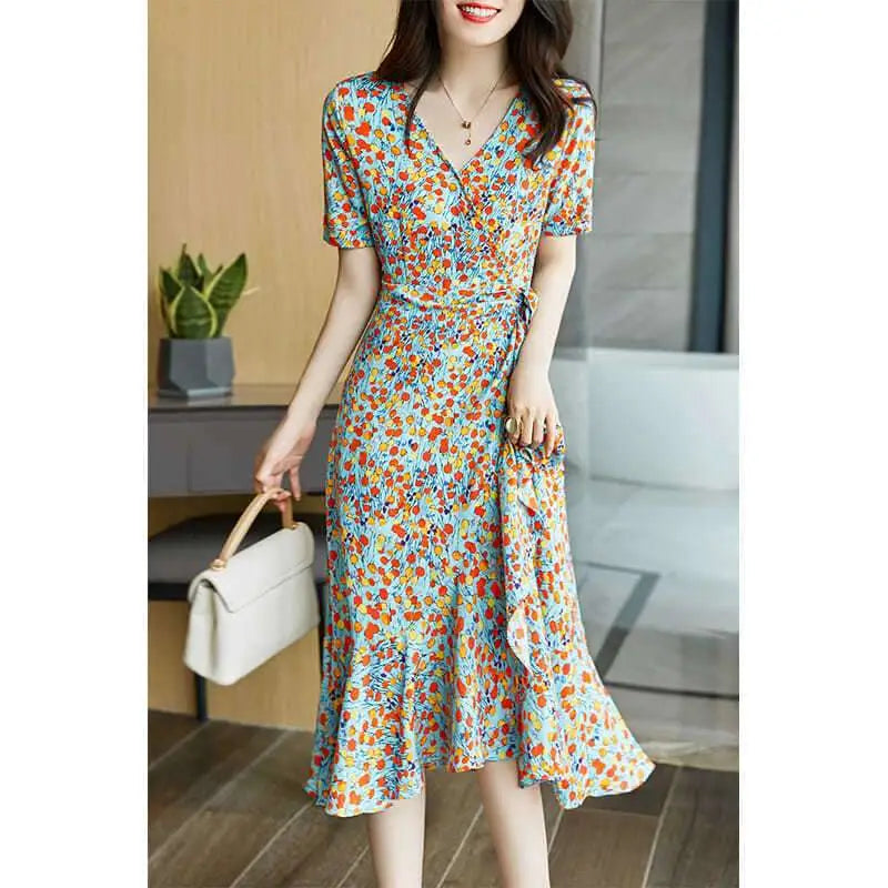 French Floral Slim Polka Dot Wrap Dress