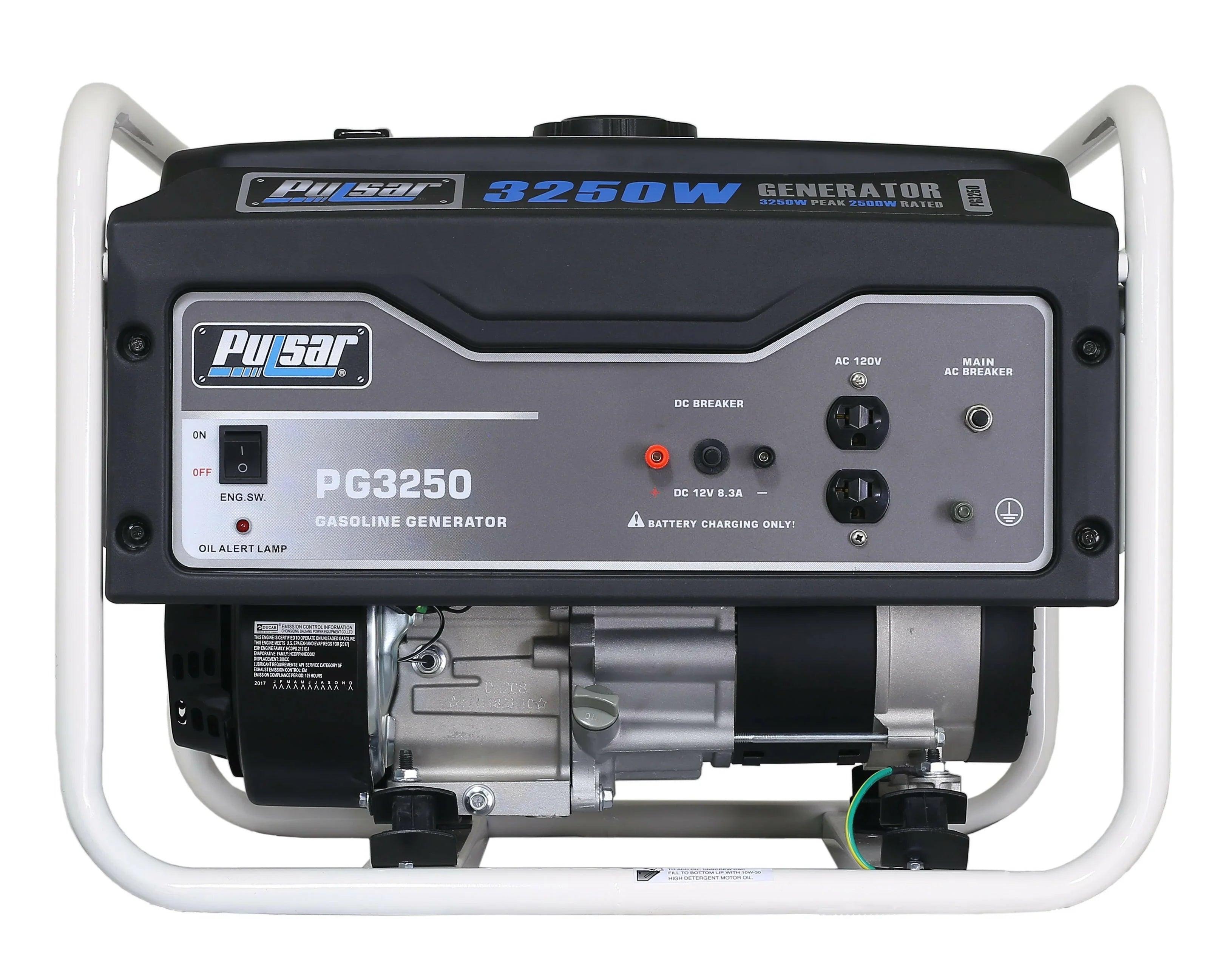 Pulsar 3250W Portable Gas Powered Generator, 2500 Running Watts, 4-Gallon Fuel Tank