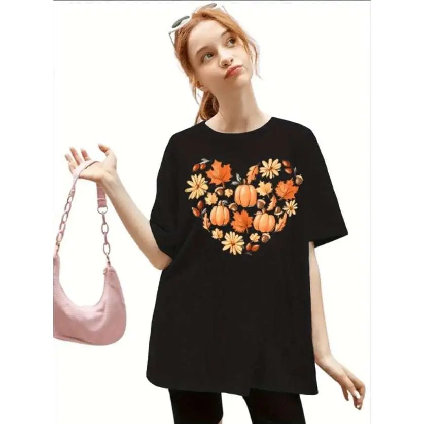 Girls Cute Pumpkin Print Oversized T Shirt