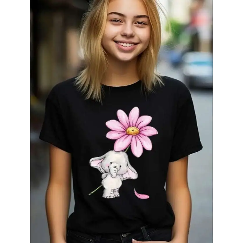 Girls Elephant Floral Print Loose Fit Crew T-Shirt