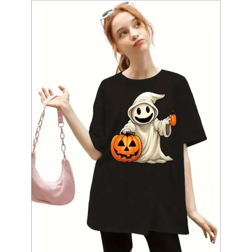 Girls Ghost and Pumpkin Print Round Neck Short Tee