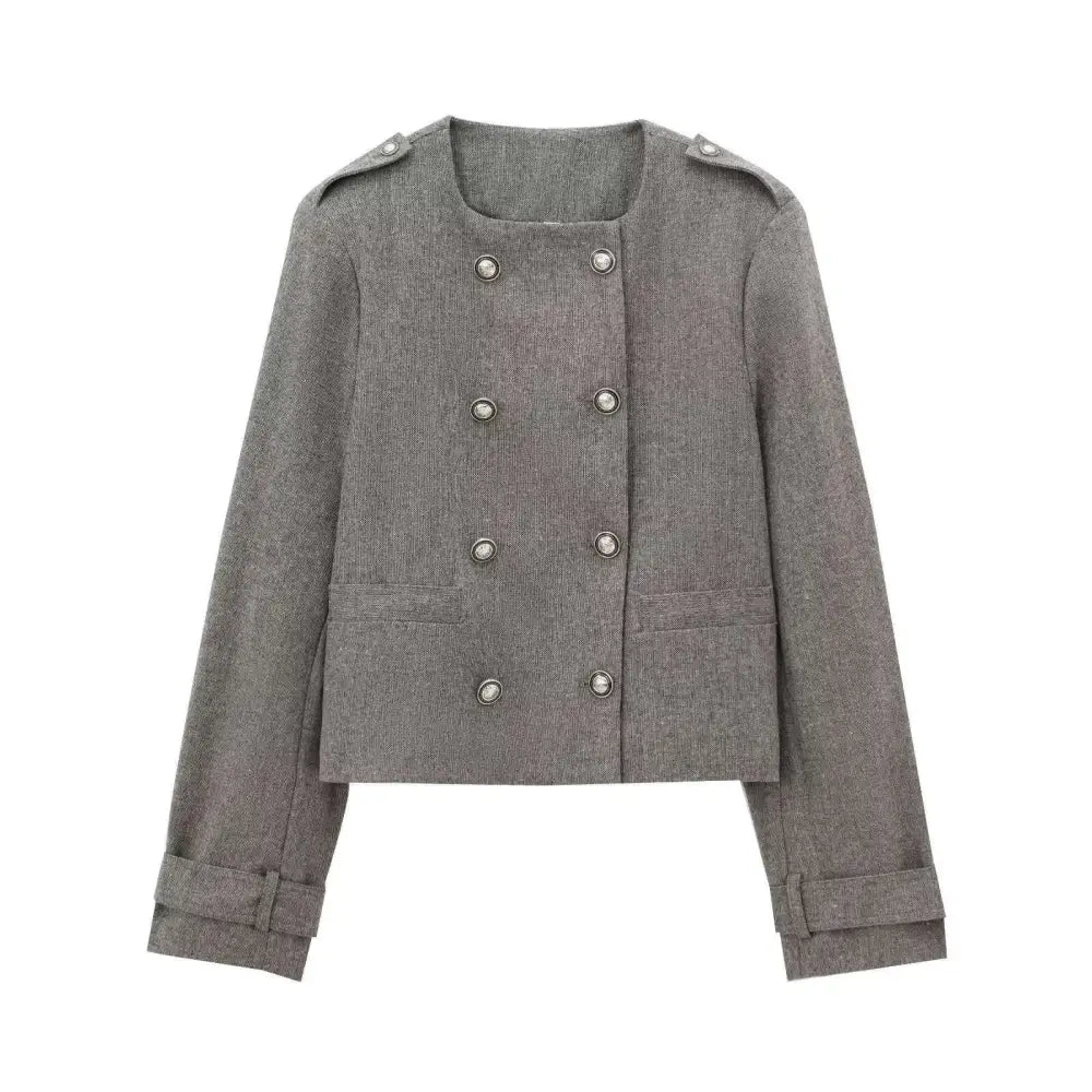 Gray Double Breasted Coat Width Pleated Skirt