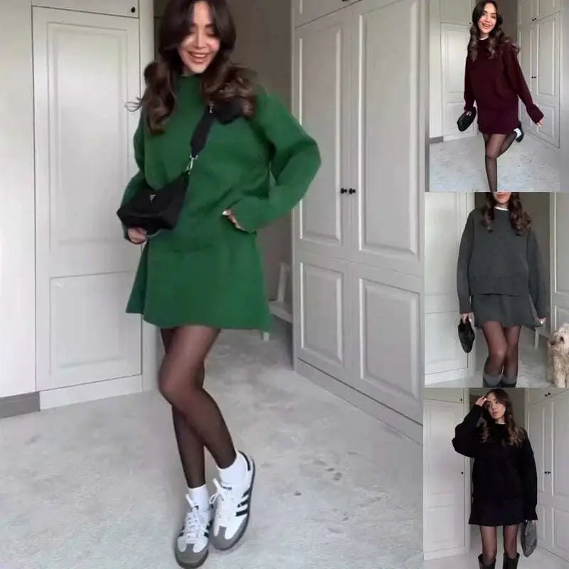 Green Long Sleeve Sweater Skirt Sets