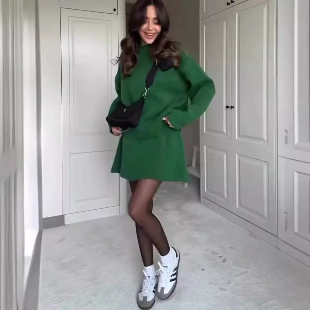 Green Long Sleeve Sweater Skirt Sets