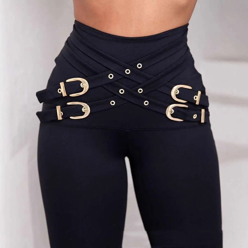 High Waist Metallic Belt Skinny Pants