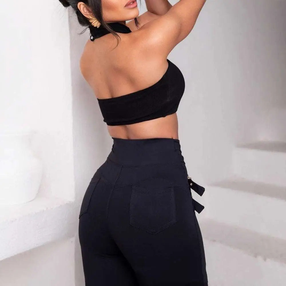 High Waist Metallic Belt Skinny Pants
