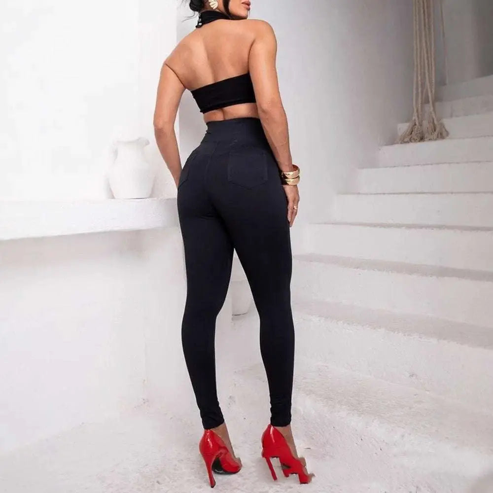 High Waist Metallic Belt Skinny Pants