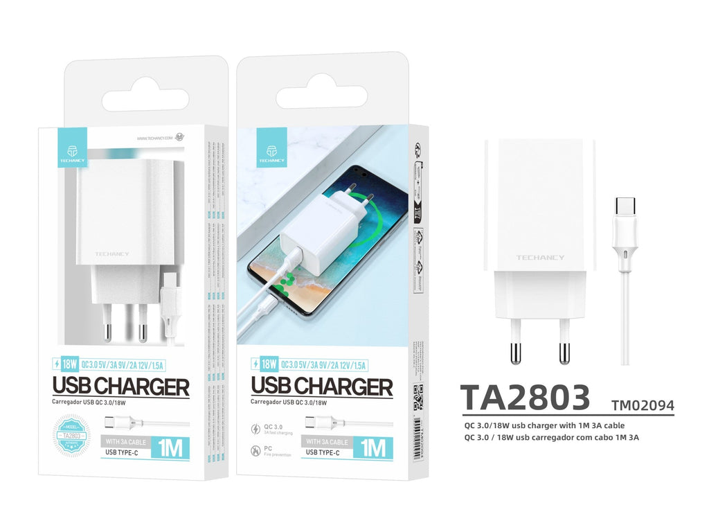 Techancy Carregador Qc3.0 18w Branco TA2803,Kit De Cabos Usb Type-C 3.0a,Compatível Com Samsung,Xiaomi,Huawei,Etc.，
