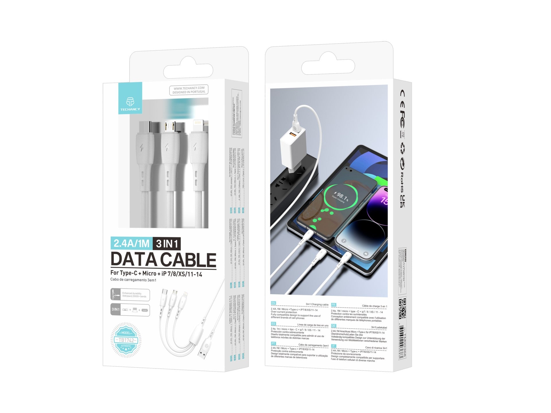 Techancy Cabo 3 em 1 TB1742, 2.4A, 1m Branco, USB-C/Micro/Lightning, CompatIvel com Dispositivos Diversos, Design Resistente