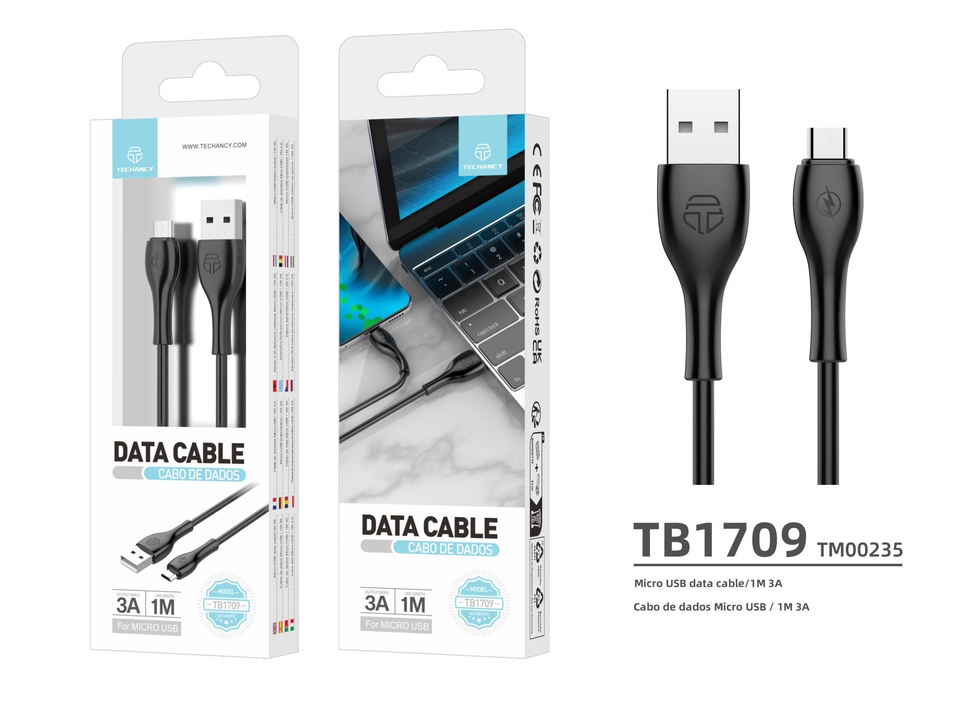 Techancy Cabo De Dados Rápido 3a TB1709, Conetor Usb-Micro, 1 Metro De Comprimento Para Transferência De Dados, Preto