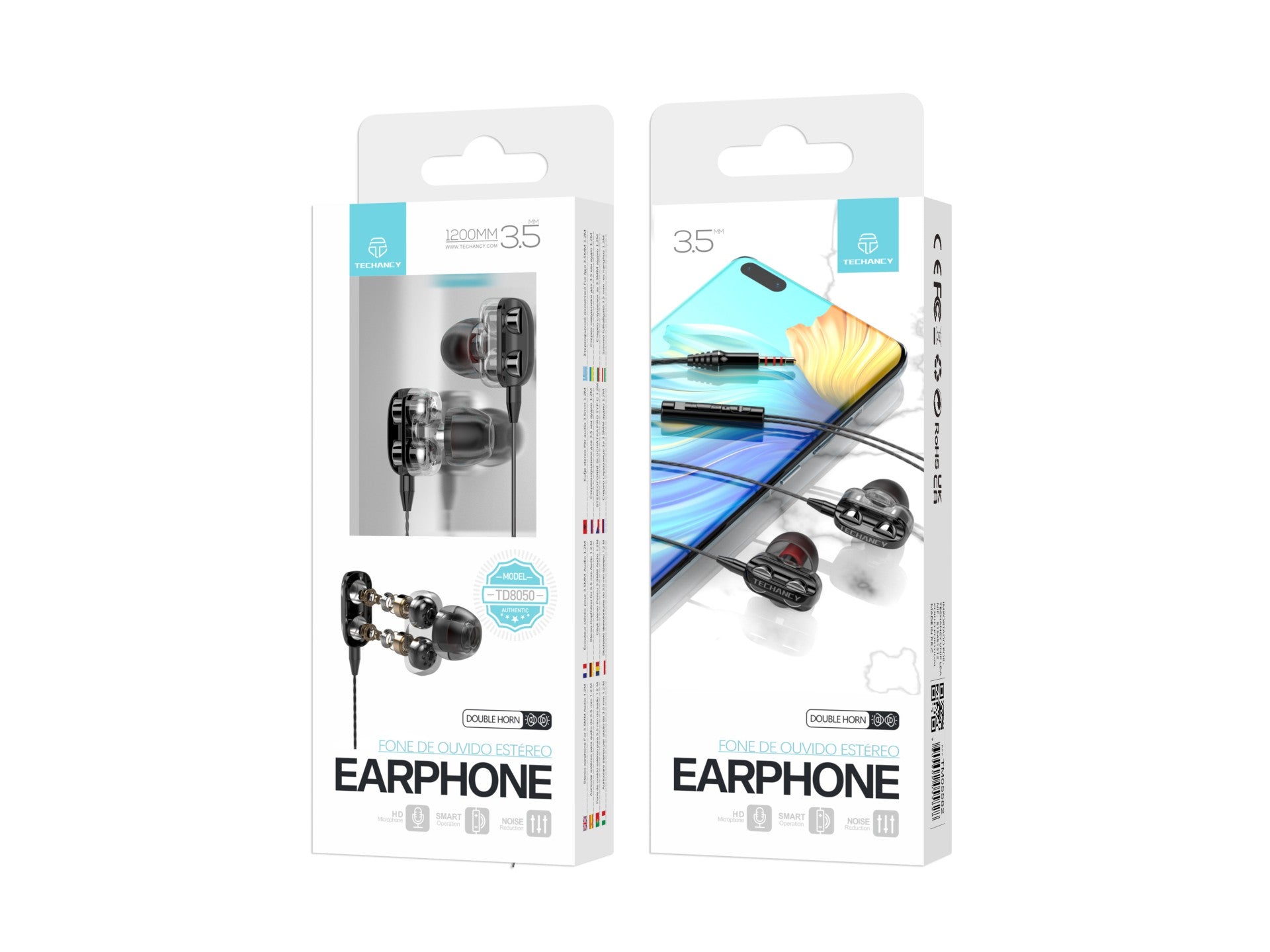 Techancy Auricular Com Fios Estéreo De Altifalante Duplo TD8050 Preto, Tomada De Áudio De 3,5 Mm, Possui 4 Altifalantes.