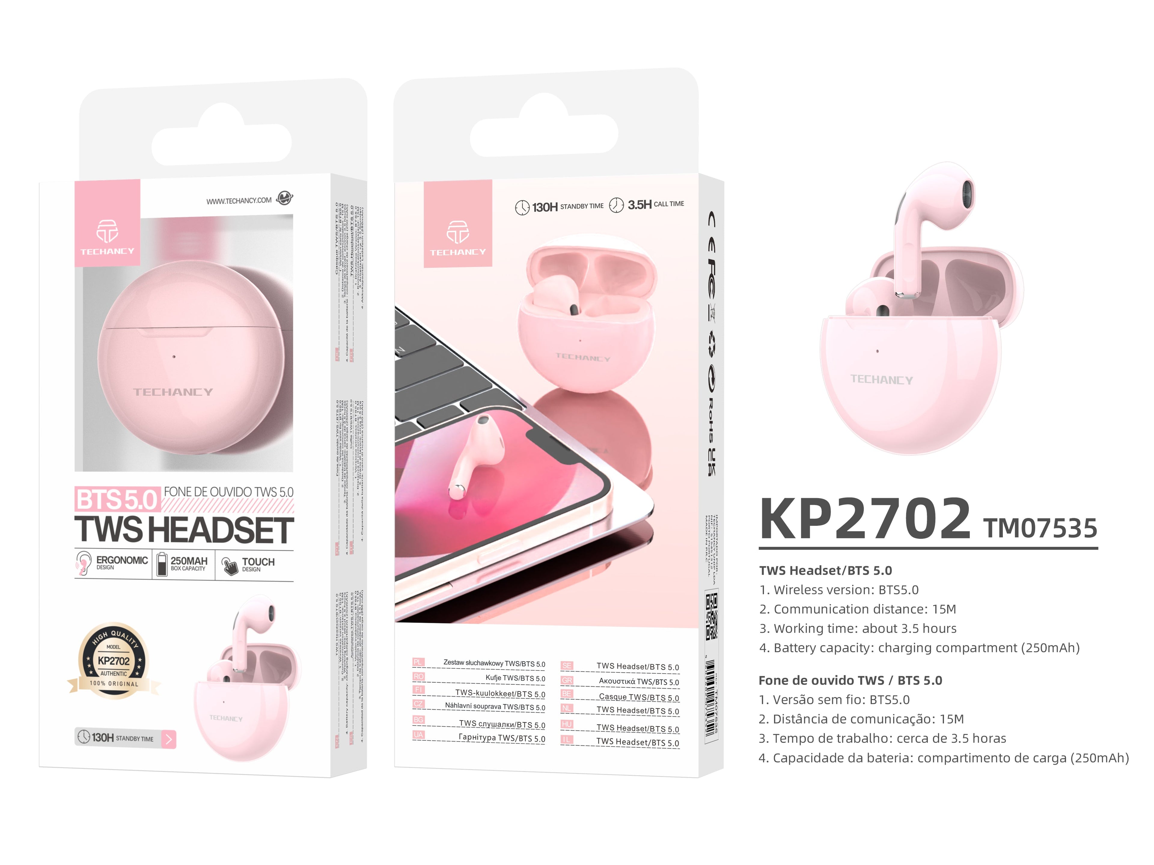 Techancy Auscultadores Sem Fios Pink  KP2702, Ligação Estéreo Sem Fios De 10 M, Reprodução De Música Durante 3-4 Horas