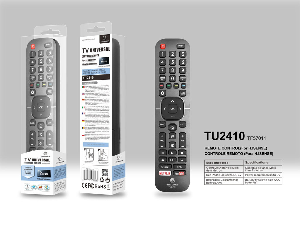 Controlo remoto sem fios Techancy TV, TU2410, sem necessidade de configuração, controlo remoto para televisores Hisense, preto