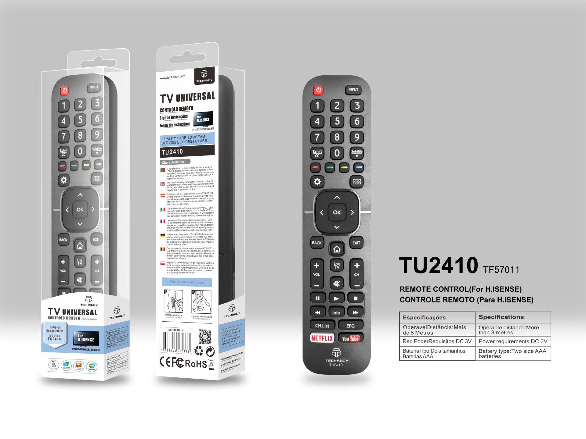 Controlo remoto sem fios Techancy TV, TU2410, sem necessidade de configuração, controlo remoto para televisores Hisense, preto