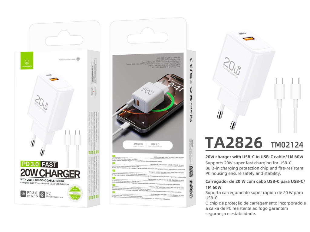 Techancy Carregador Rapido 20W PD3.0 Dupla Porta USB-C+USB-A Cabo 1m 60W Para iPhone/Samsung/Tablet Seguro e Duravel
