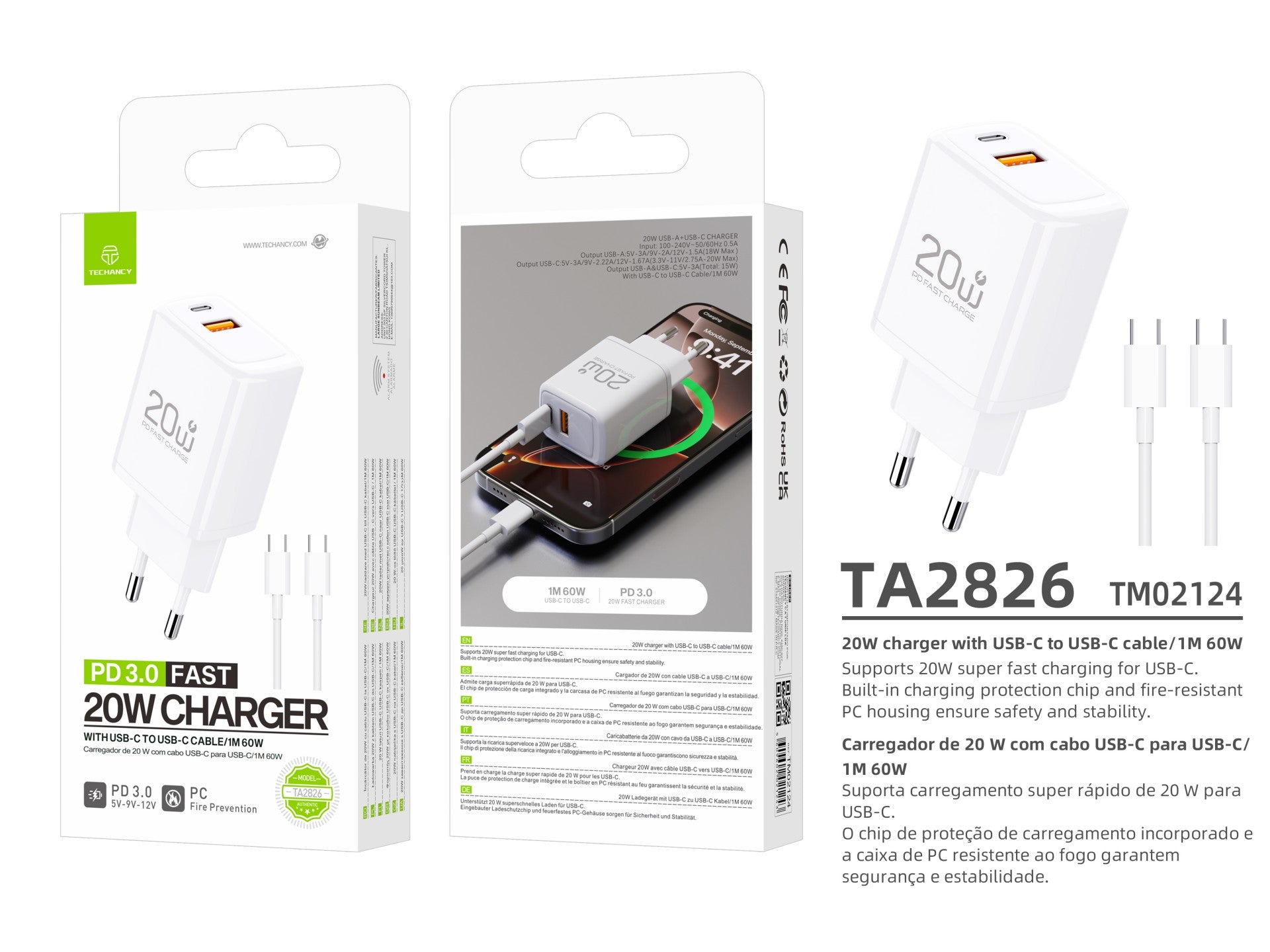 Techancy Carregador Rapido 20W PD3.0 Dupla Porta USB-C+USB-A Cabo 1m 60W Para iPhone/Samsung/Tablet Seguro e Duravel