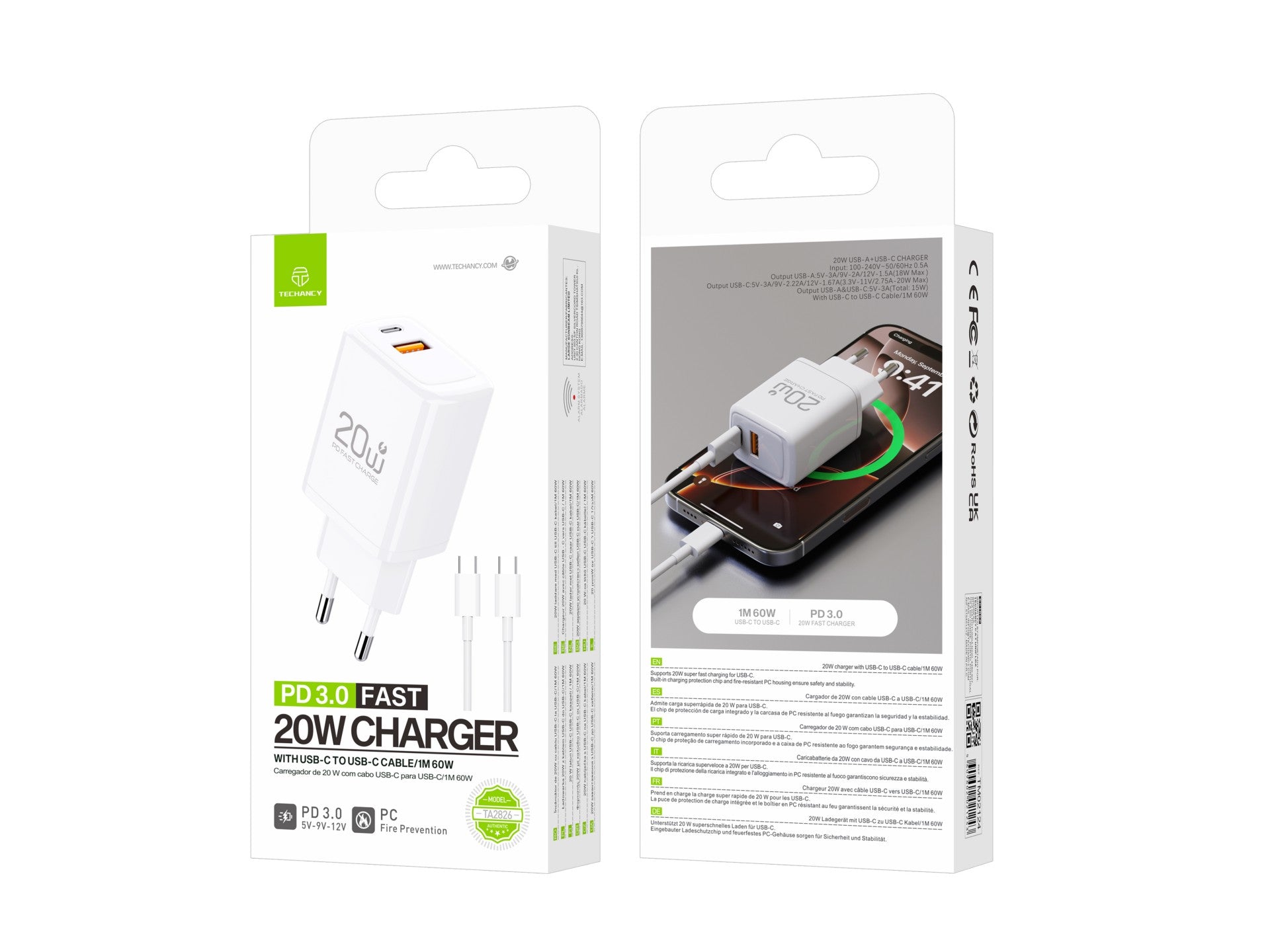 Techancy Carregador Rapido 20W PD3.0 Dupla Porta USB-C+USB-A Cabo 1m 60W Para iPhone/Samsung/Tablet Seguro e Duravel