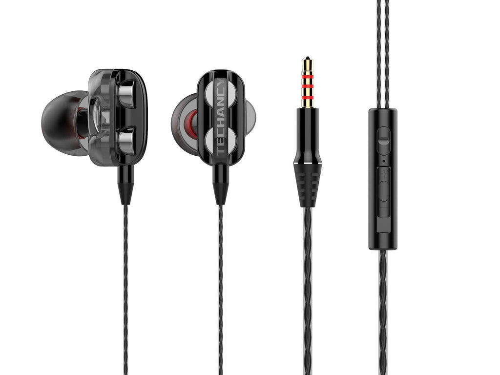 Techancy Auricular Com Fios Estéreo De Altifalante Duplo TD8050 Preto, Tomada De Áudio De 3,5 Mm, Possui 4 Altifalantes.