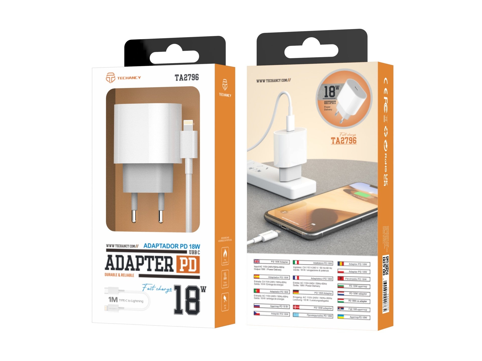 Techancy Carregador Pd 18w TA2786, Conjunto De Cabos Usb C-Lightning, Carregamento Rápido 18W, Compacto E Portátil