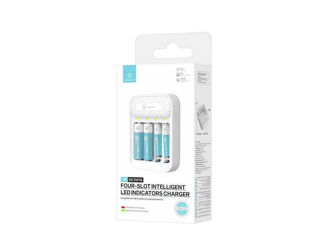 Techancy Carregador inteligente de pilhas MM5420 4 slots LED independente compatível com AA e AAA Ni-MH 1.2V seguro estável cor branca