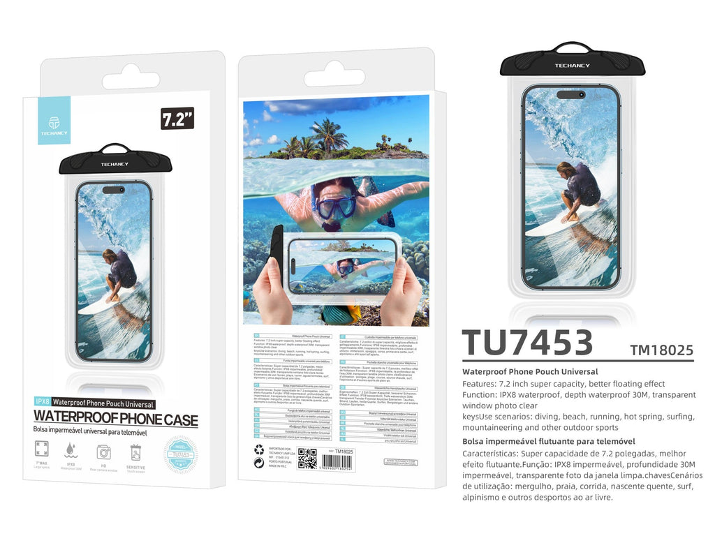 Techancy Capa De Telemóvel À Prova De Água Preta TU7453. Capacidade Extra Grande De 7,2 Polegadas, À Prova De Água Ipx8.