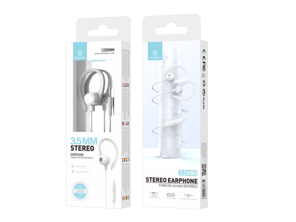 Techancy Auriculares stereo 3.5MM TD8058 cabo 1.2M com microfone confortavel som alta fidelidade Branco