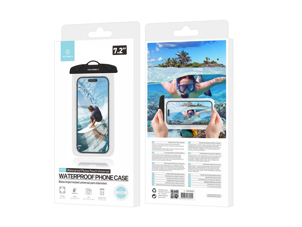 Techancy Capa De Telemóvel À Prova De Água Preta TU7453. Capacidade Extra Grande De 7,2 Polegadas, À Prova De Água Ipx8.