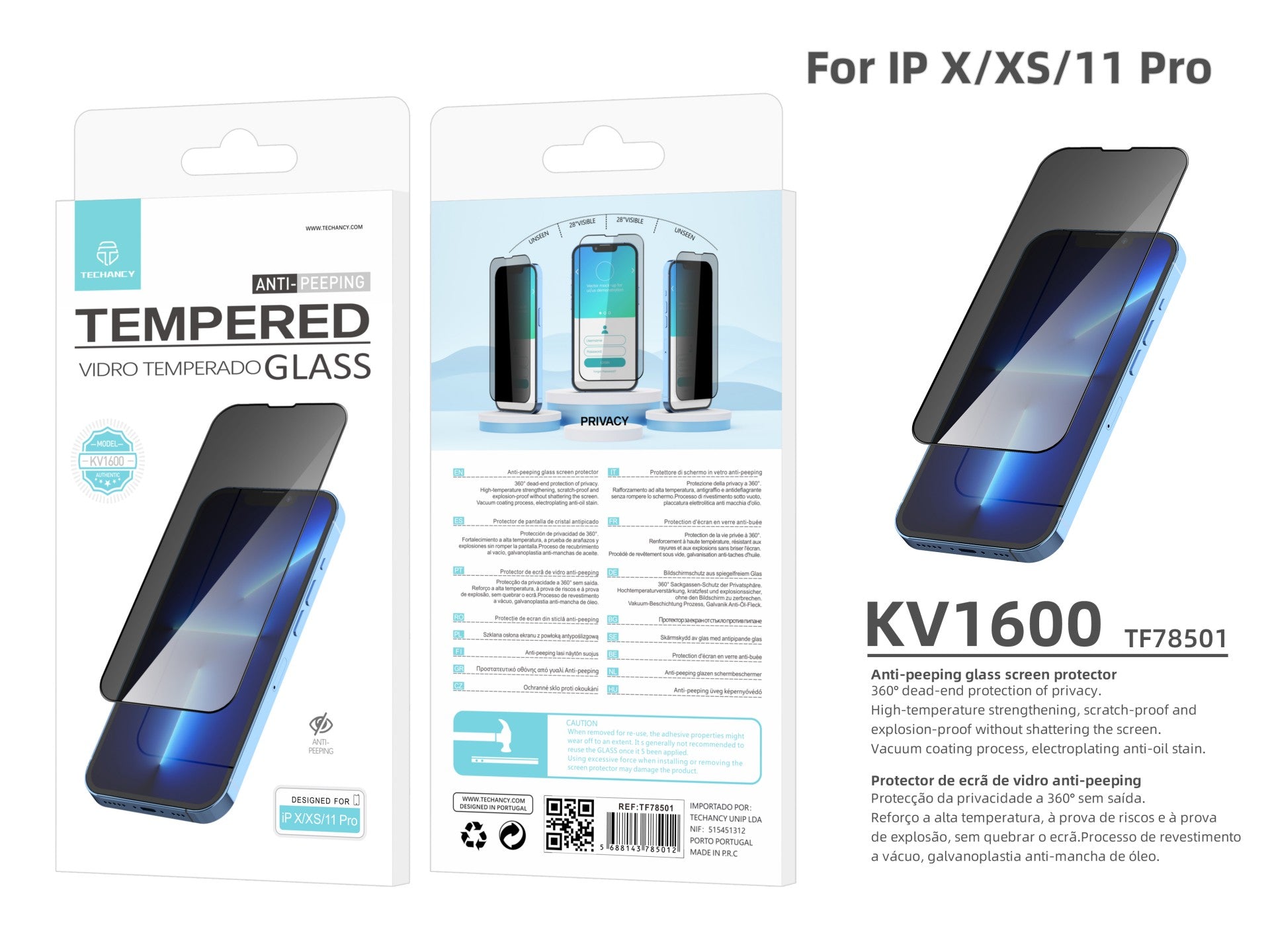 Protetor de ecrã premium para smartphone Techancy, protetor de privacidade, KV1600, compatível com iPhone X/Xs/11 Pro