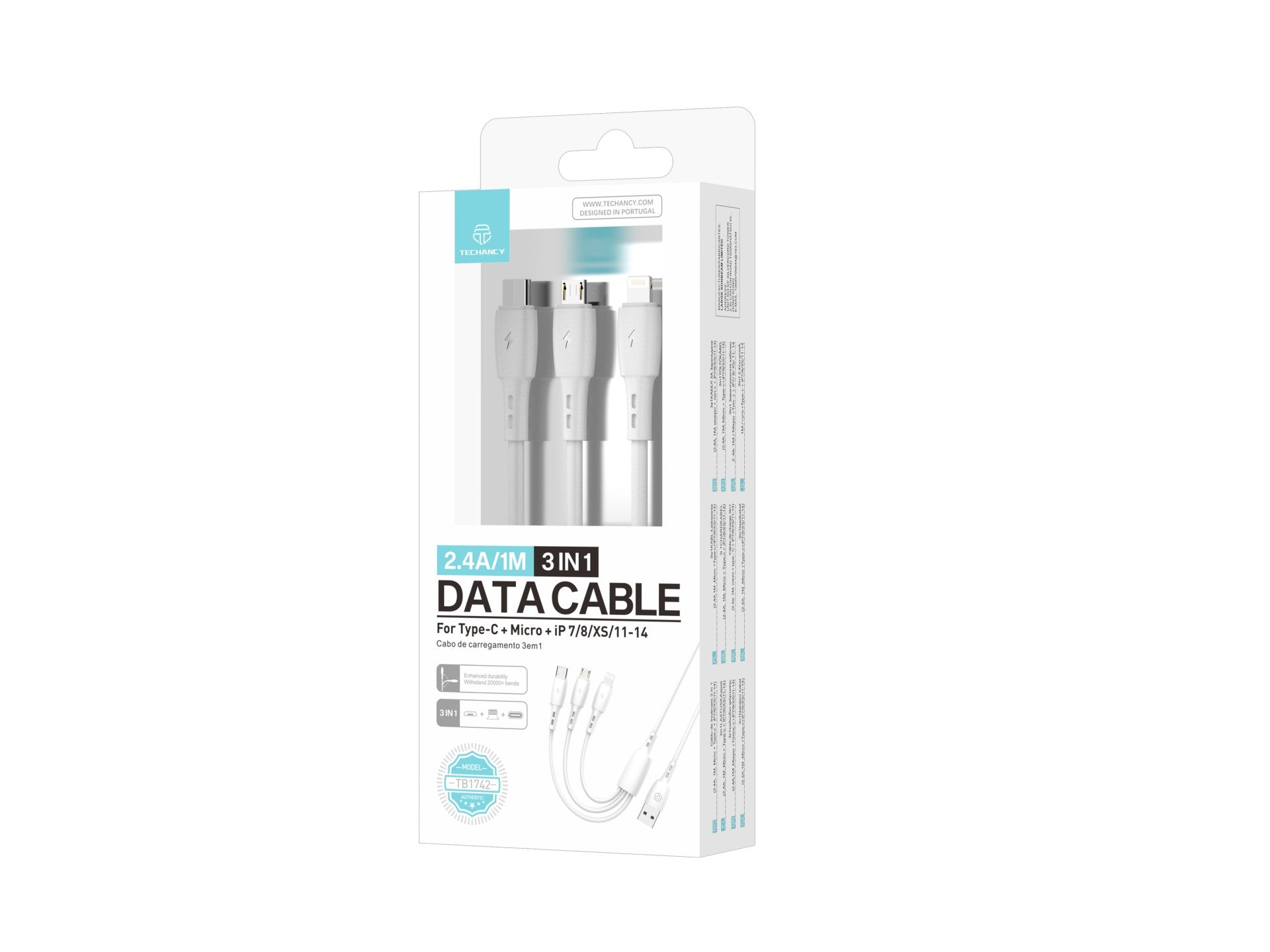 Techancy Cabo 3 em 1 TB1742, 2.4A, 1m Branco, USB-C/Micro/Lightning, CompatIvel com Dispositivos Diversos, Design Resistente