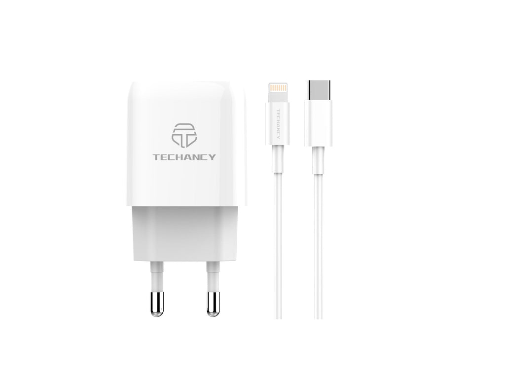 Techancy Carregador Branco De 20 W  TA2801, Compatível Com Pd E Qc3.0 Com Cabo Usb-C Branco De 1 M Para Lightning