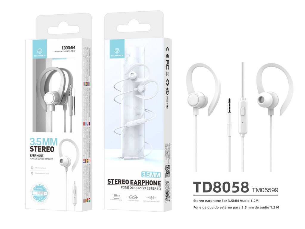 Techancy Auriculares stereo 3.5MM TD8058 cabo 1.2M com microfone confortavel som alta fidelidade Branco
