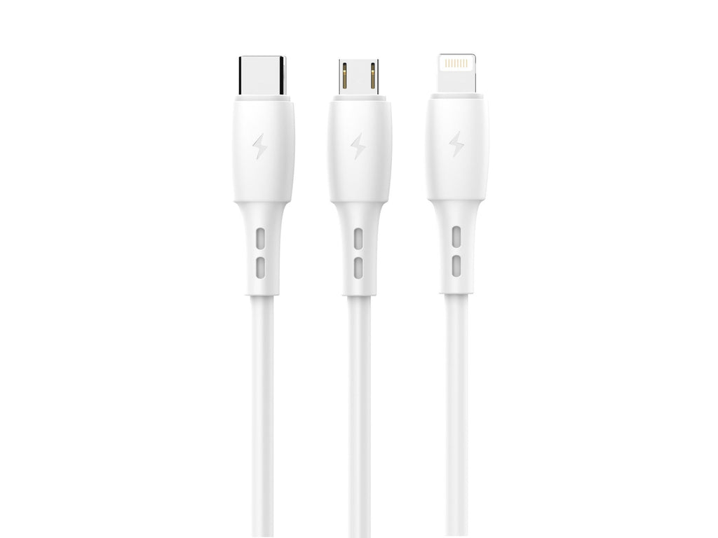 Techancy Cabo 3 em 1 TB1742, 2.4A, 1m Branco, USB-C/Micro/Lightning, CompatIvel com Dispositivos Diversos, Design Resistente