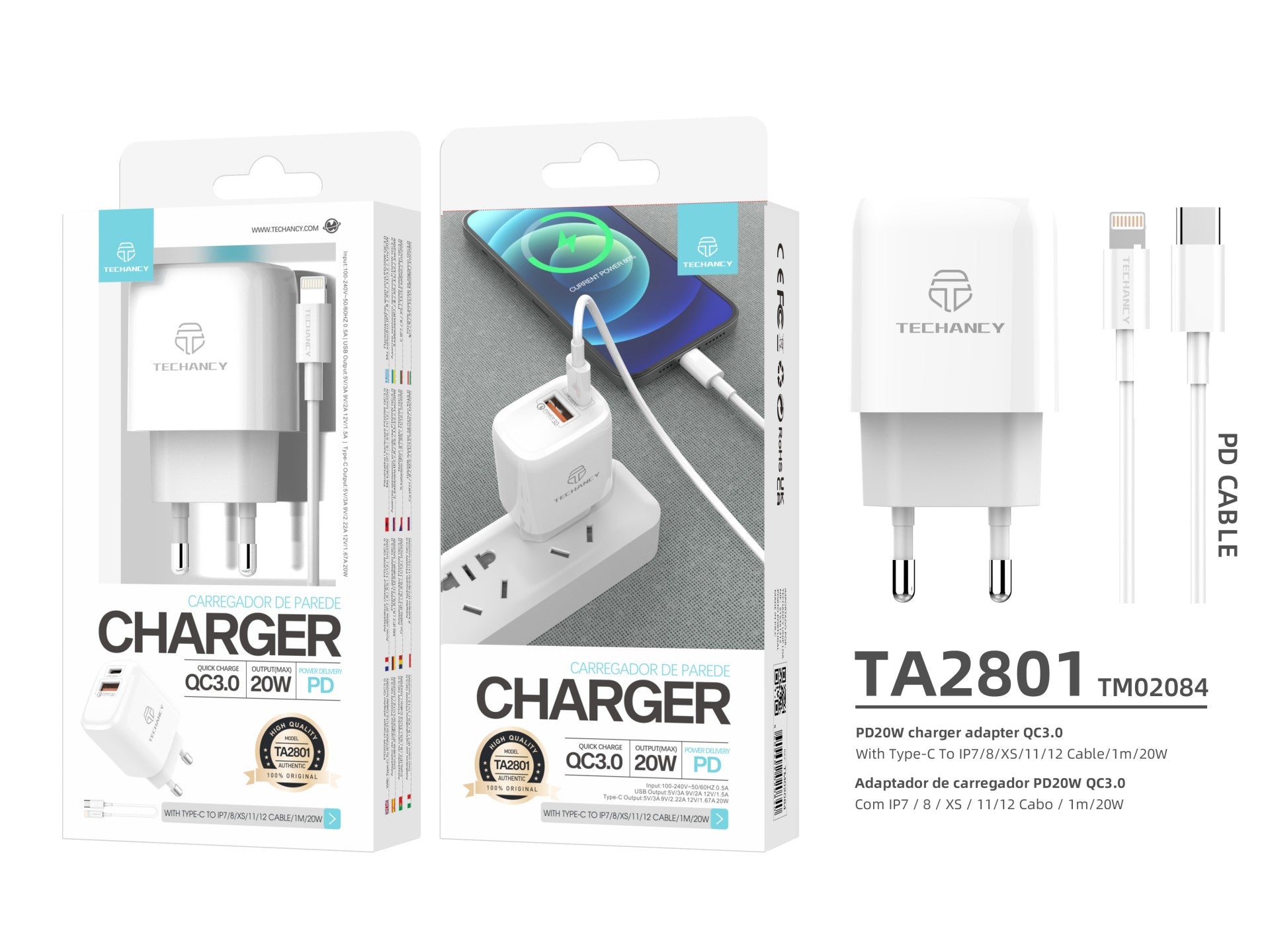 Techancy Carregador Branco De 20 W  TA2801, Compatível Com Pd E Qc3.0 Com Cabo Usb-C Branco De 1 M Para Lightning