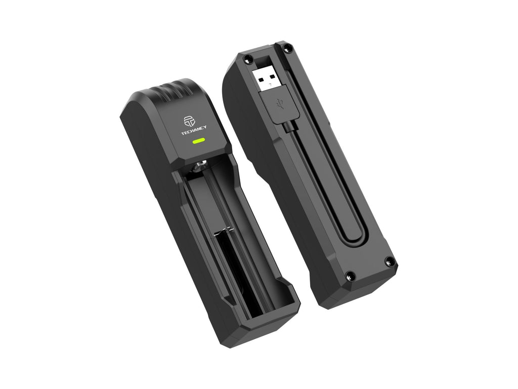 Techancy Carregador de bateria único MM5421 indicador LED compatível com 14500 18650 26650 21700 3.7V USB seguro portátil cor preta