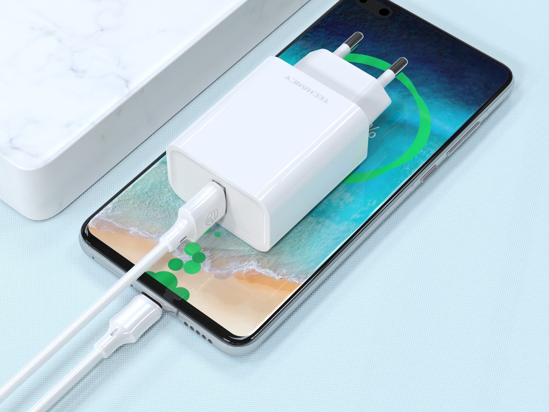 Techancy Carregador Qc3.0 18w Branco TA2803,Kit De Cabos Usb Type-C 3.0a,Compatível Com Samsung,Xiaomi,Huawei,Etc.，