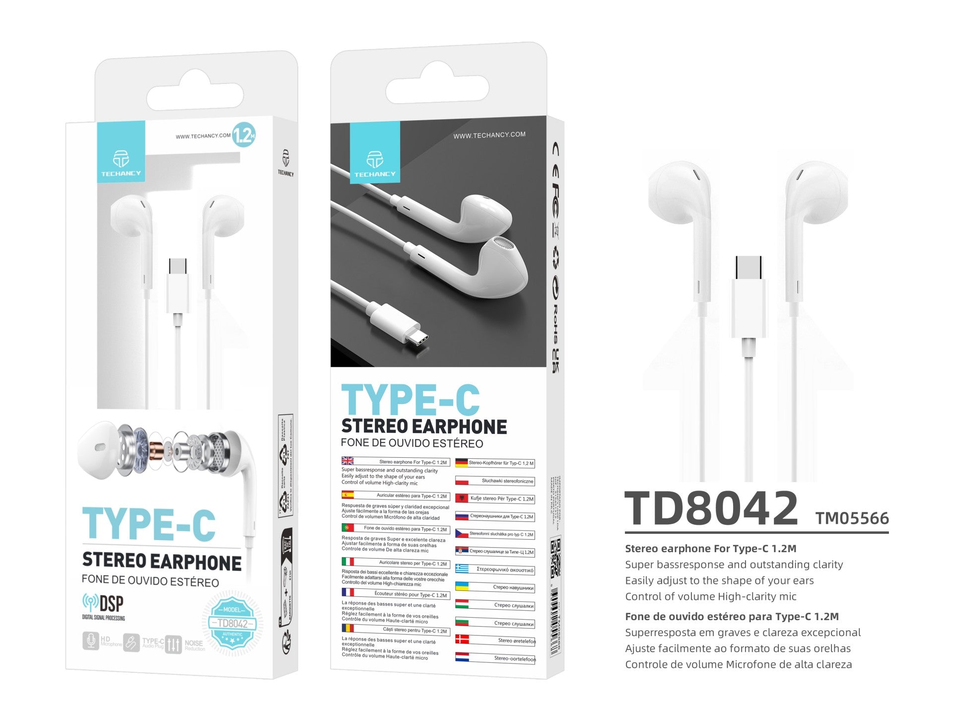 Techancy Auricular Estéreo Com Fios Type-C Branco TD8042, Chip Dsp Com Controlo De Volume Para Uma Utilização Confortável.