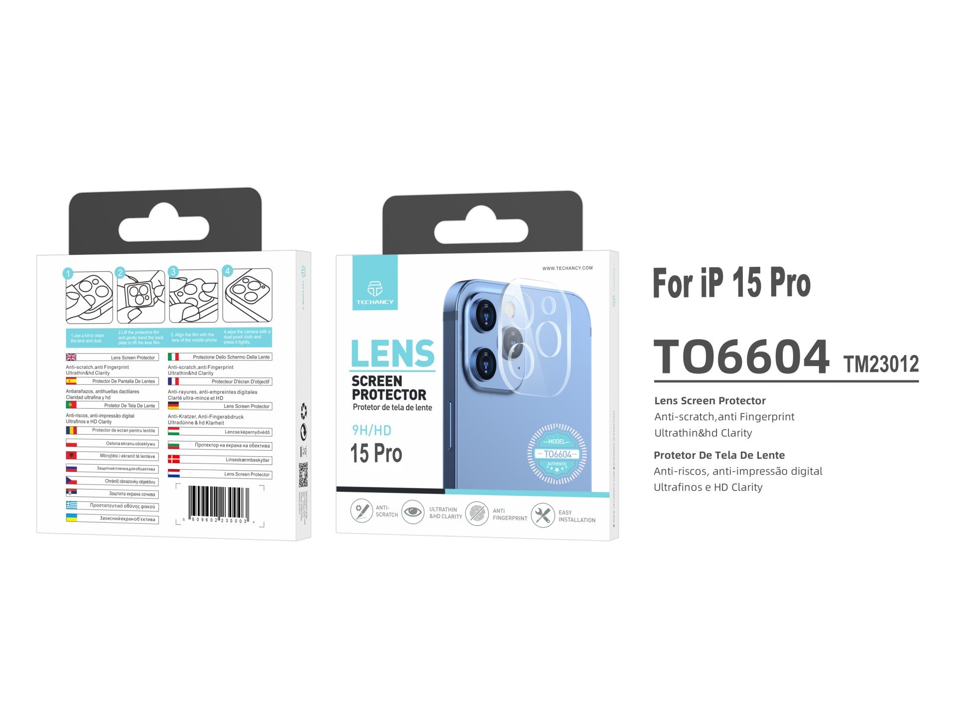 Techancy Protetor de Lente  para iPhone 15 PRO TO6604, 9H Anti-riscos, Anti-digital, Ultrafino e HD, Fácil de Instalar