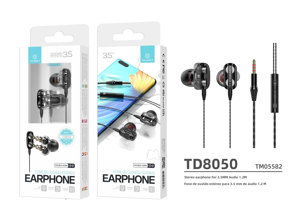 Techancy Auricular Com Fios Estéreo De Altifalante Duplo TD8050 Preto, Tomada De Áudio De 3,5 Mm, Possui 4 Altifalantes.
