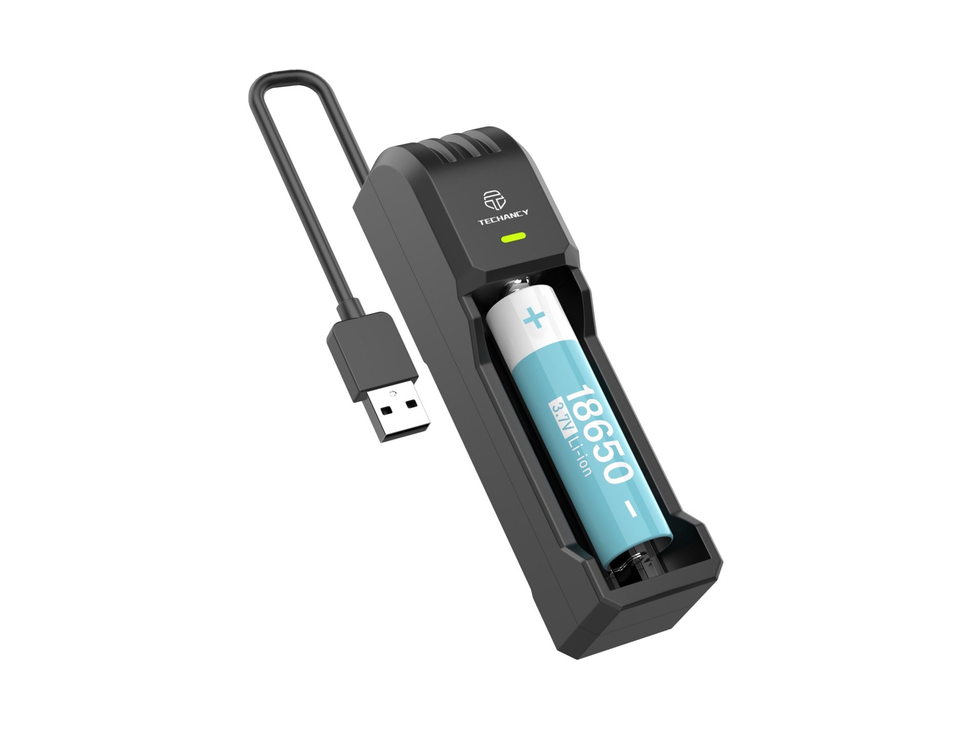 Techancy Carregador de bateria único MM5421 indicador LED compatível com 14500 18650 26650 21700 3.7V USB seguro portátil cor preta