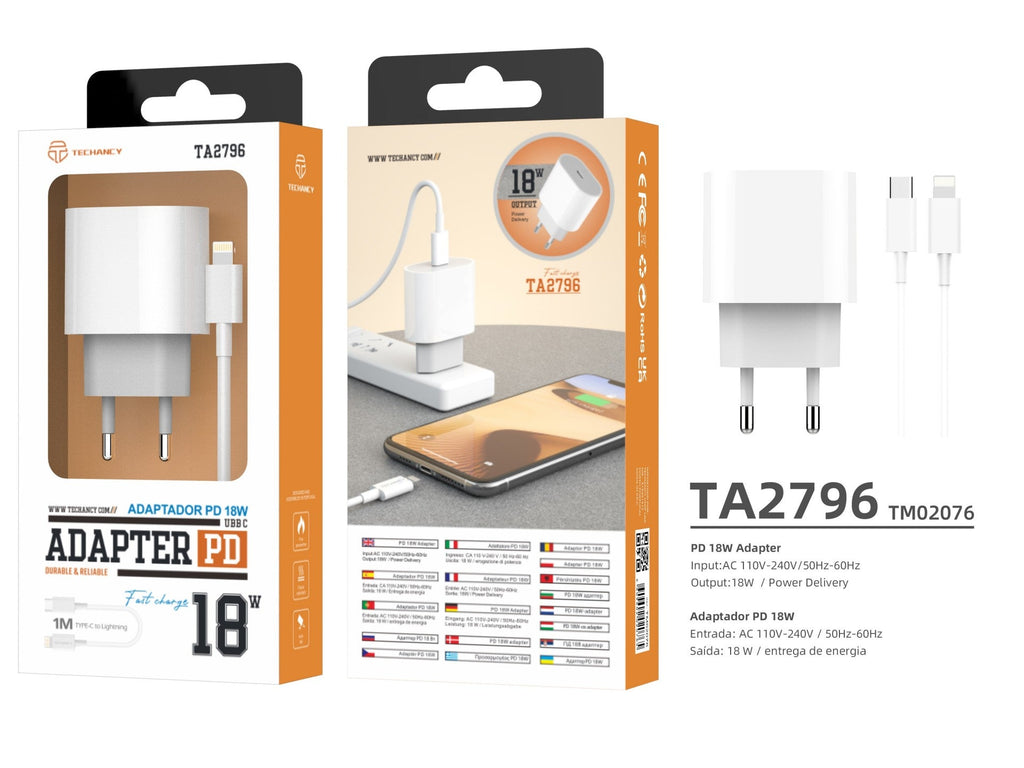 Techancy Carregador Pd 18w TA2786, Conjunto De Cabos Usb C-Lightning, Carregamento Rápido 18W, Compacto E Portátil