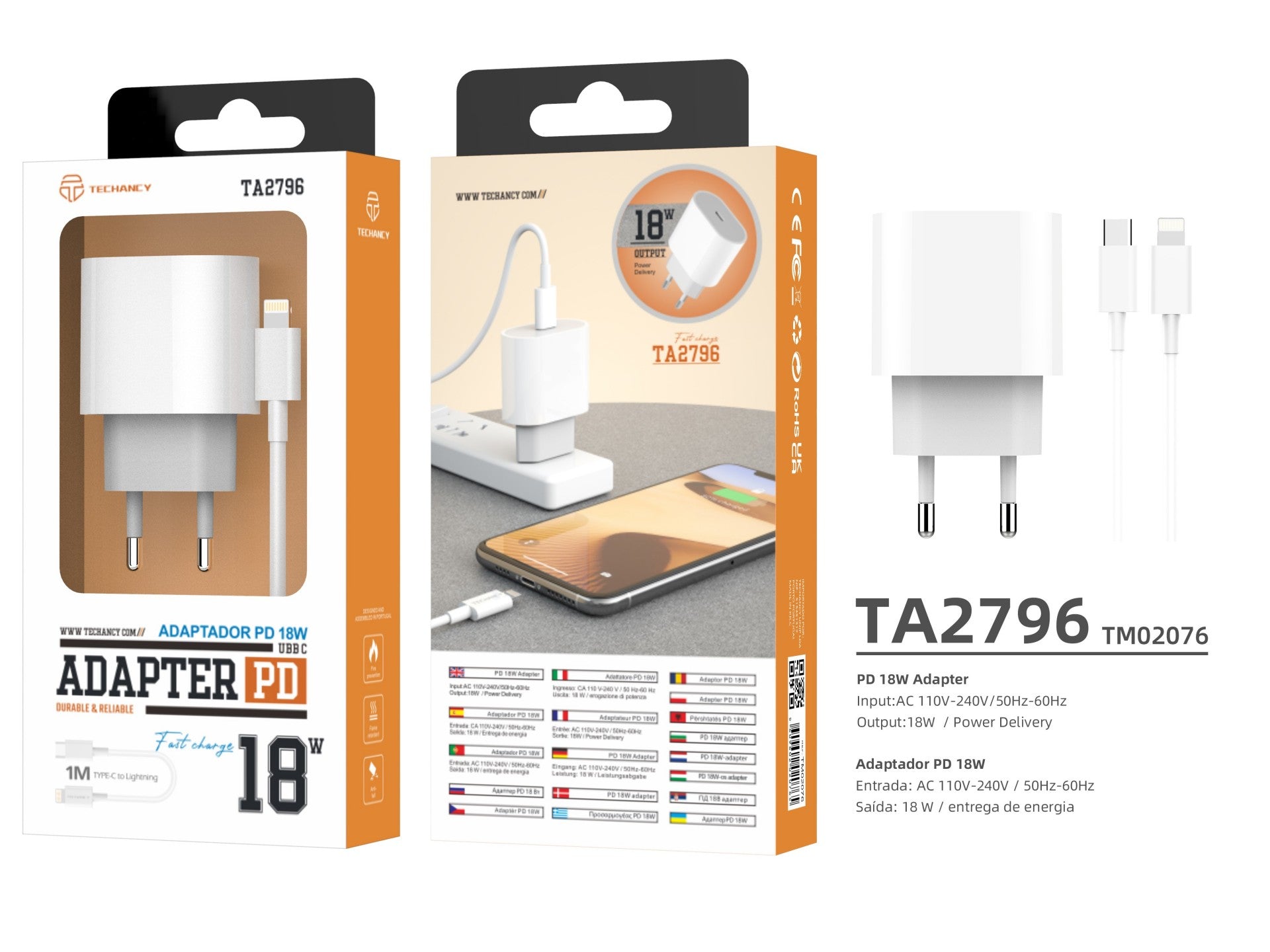 Techancy Carregador Pd 18w TA2786, Conjunto De Cabos Usb C-Lightning, Carregamento Rápido 18W, Compacto E Portátil