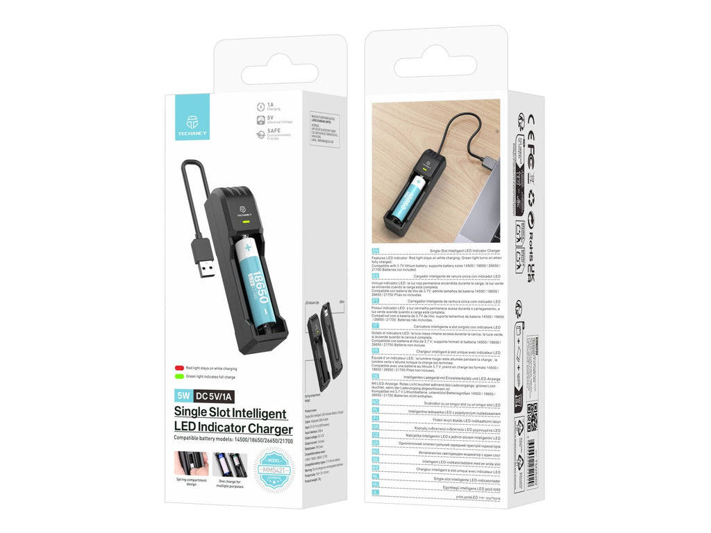 Techancy Carregador de bateria único MM5421 indicador LED compatível com 14500 18650 26650 21700 3.7V USB seguro portátil cor preta
