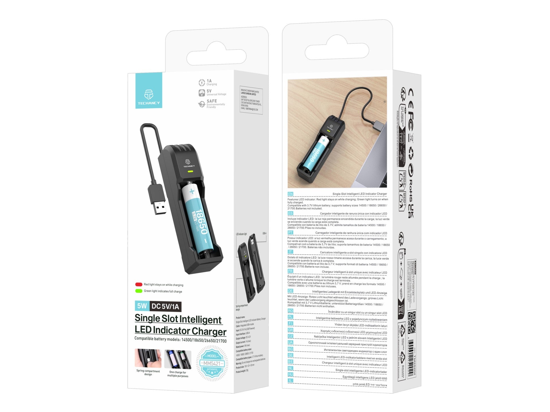 Techancy Carregador de bateria único MM5421 indicador LED compatível com 14500 18650 26650 21700 3.7V USB seguro portátil cor preta